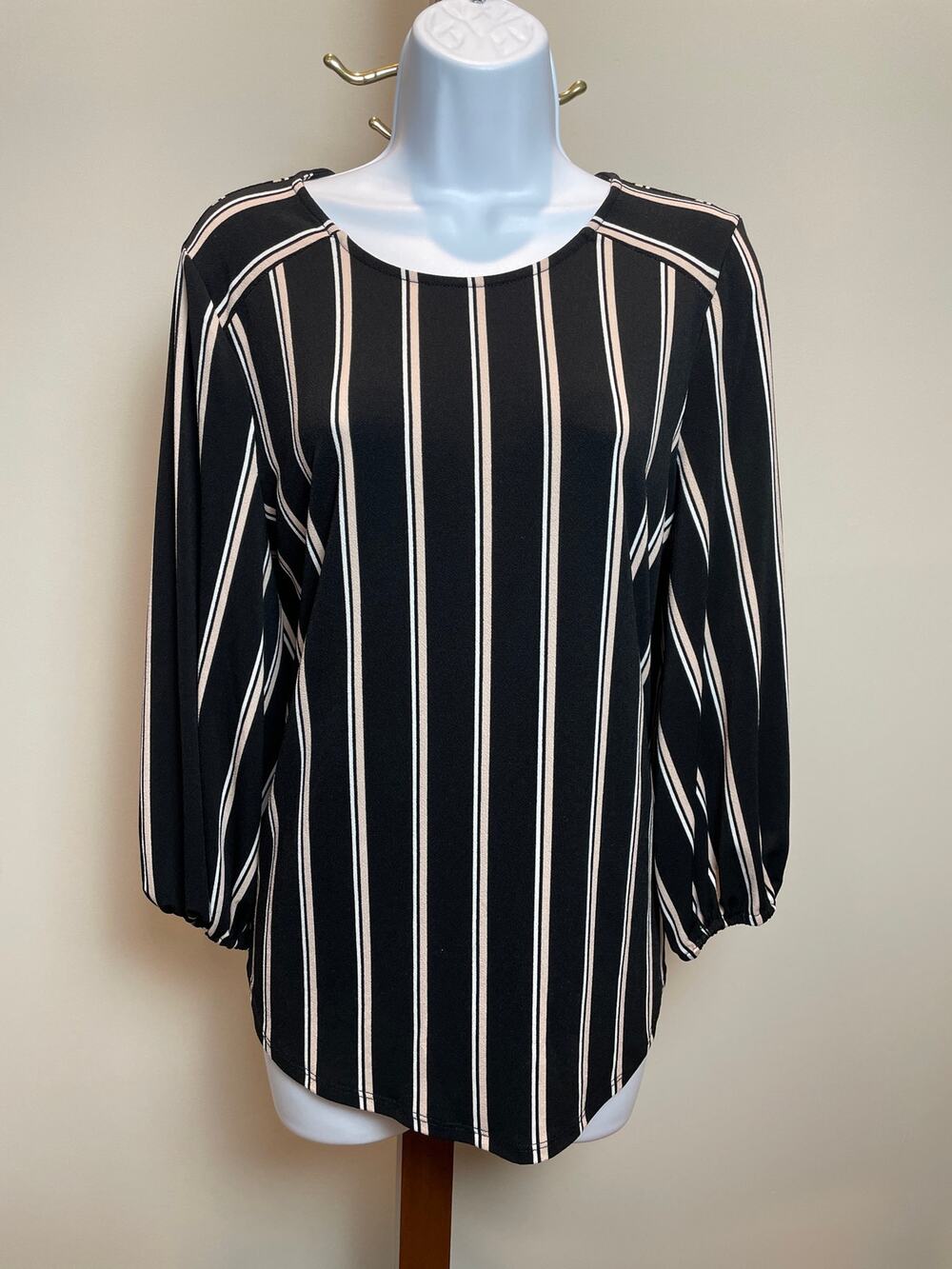 Adrianna Papell Size M Black Long Sleeve Top with Pink & White Stripe Detail